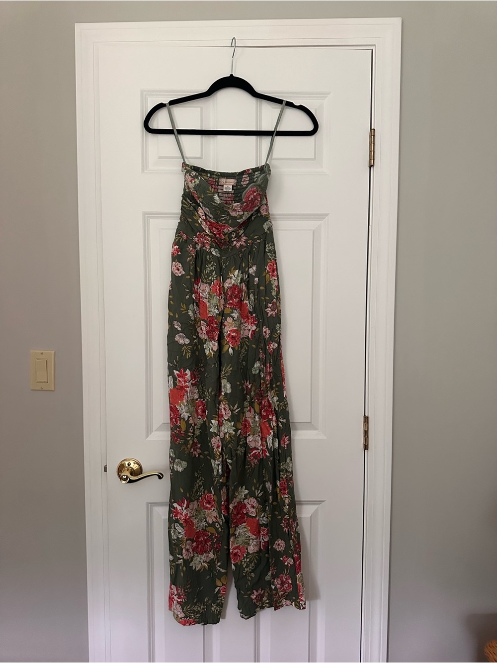 Olive Green Floral Maxi Dress with Spaghetti Straps